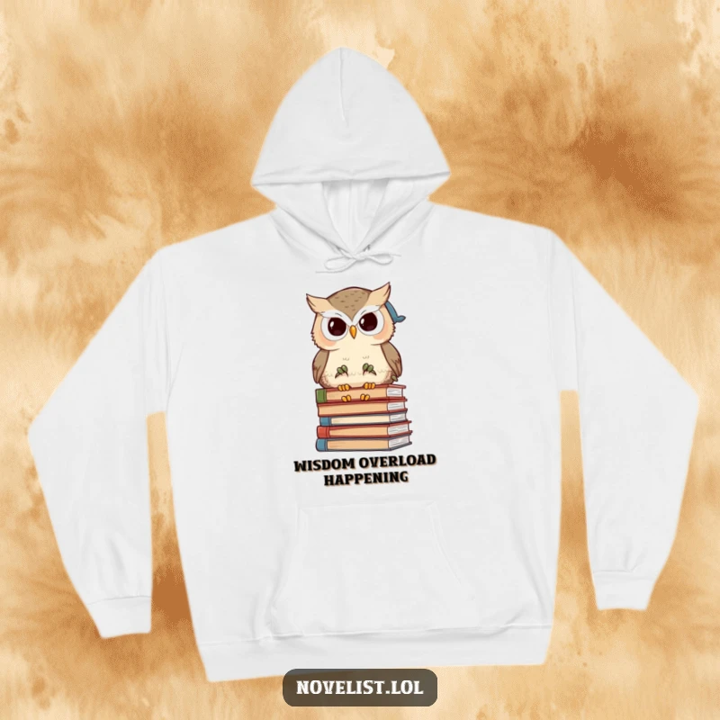 Funny wise owl character absorbed in books, printed on a warm, comfortable hoodie, a scholarly and humorous apparel piece.