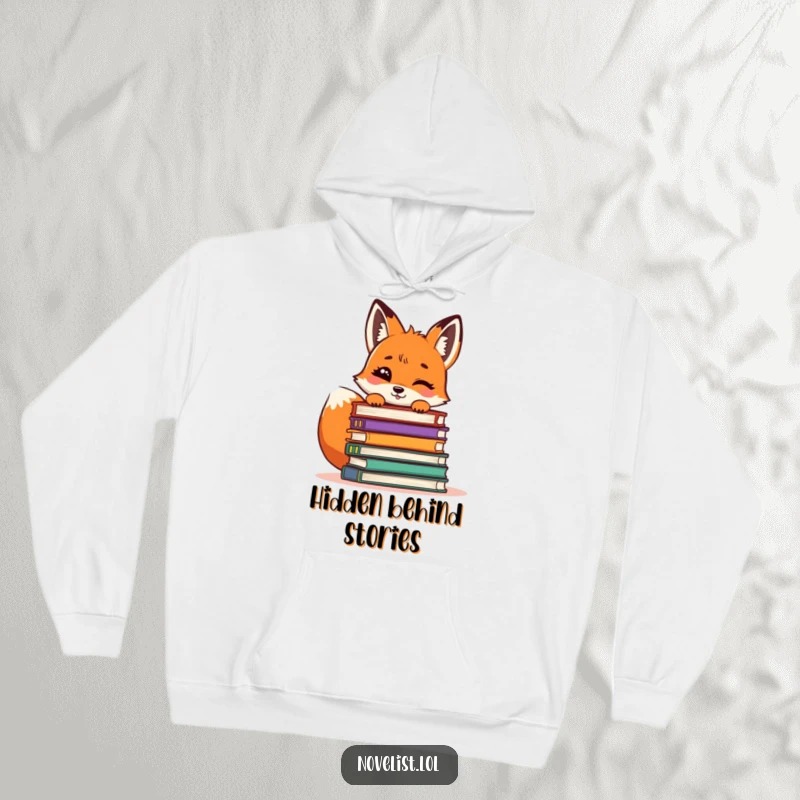 Funny Fox Hoodie: A giggling fox peeking from behind a pile of books, radiating playful literary charm.