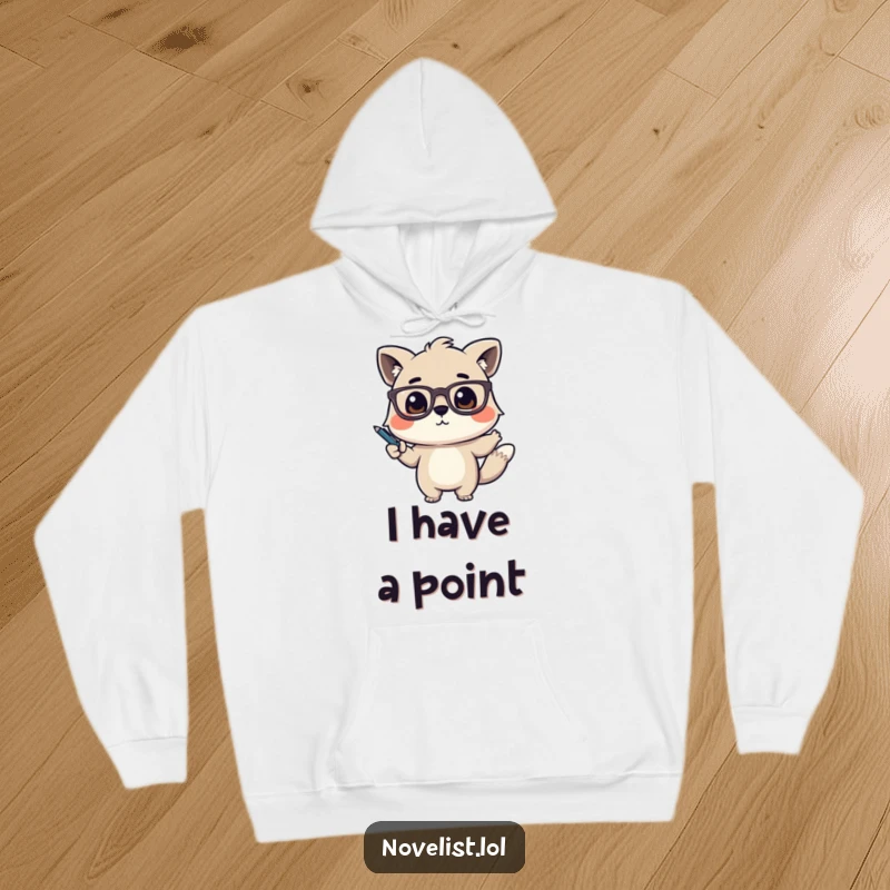 Funny Hoodie with a cute animal character with glasses, dramatically gesturing with a pen, radiating intellectual passion.