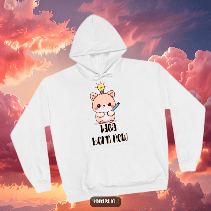Funny hoodie with a kawaii animal character, a glowing lightbulb, and a pen, symbolizing a humorous breakthrough idea.