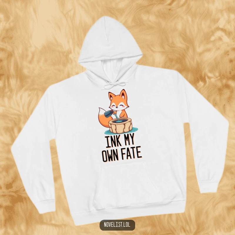 Funny Hoodie: Features a happy fox character pouring ink from a bottle into a well, offering warmth and a humorous take on creative flow.