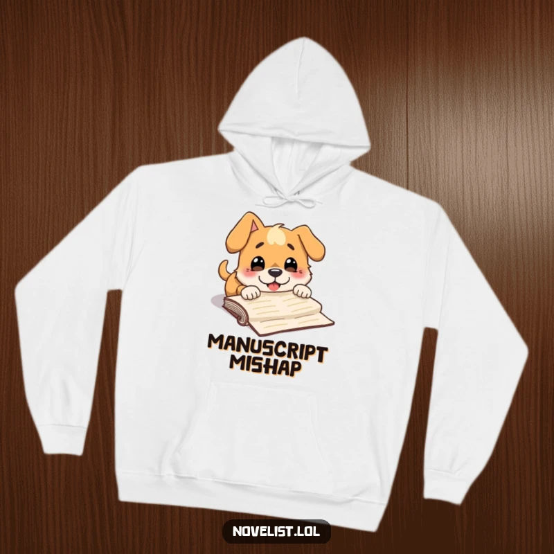 Funny hoodie capturing a dog character comically tripping over a large manuscript, sporting a surprised grin.
