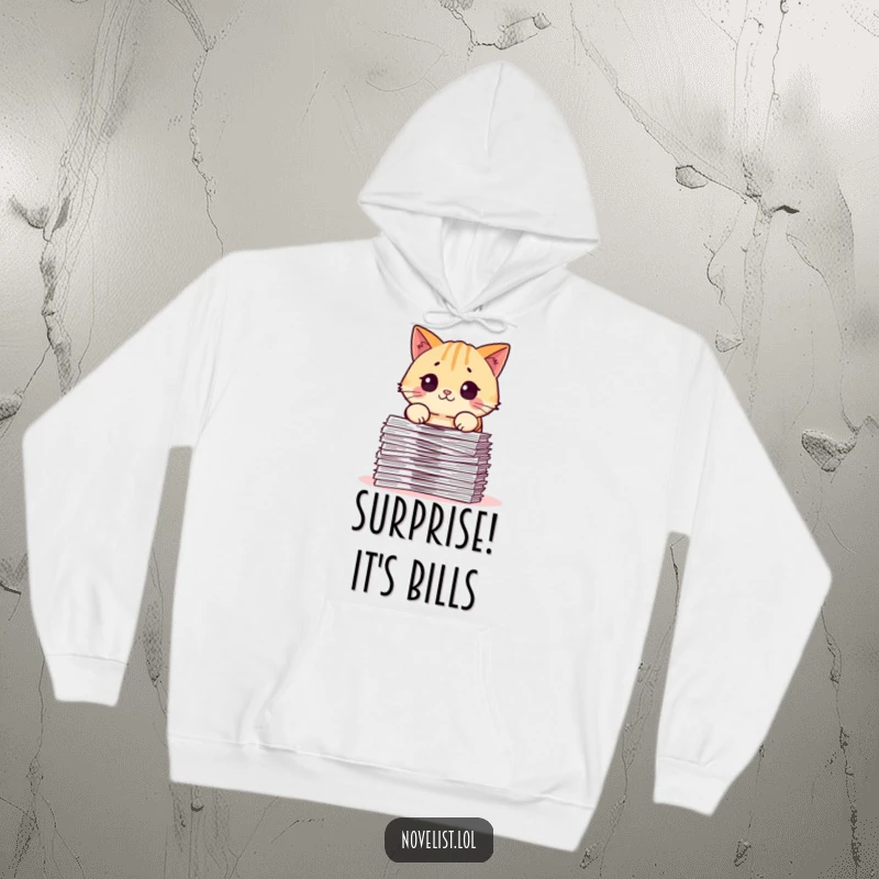Funny hoodie showcasing a chubby cat character with wide eyes, reacting with shock to an enormous stack of papers, adding humor to apparel.