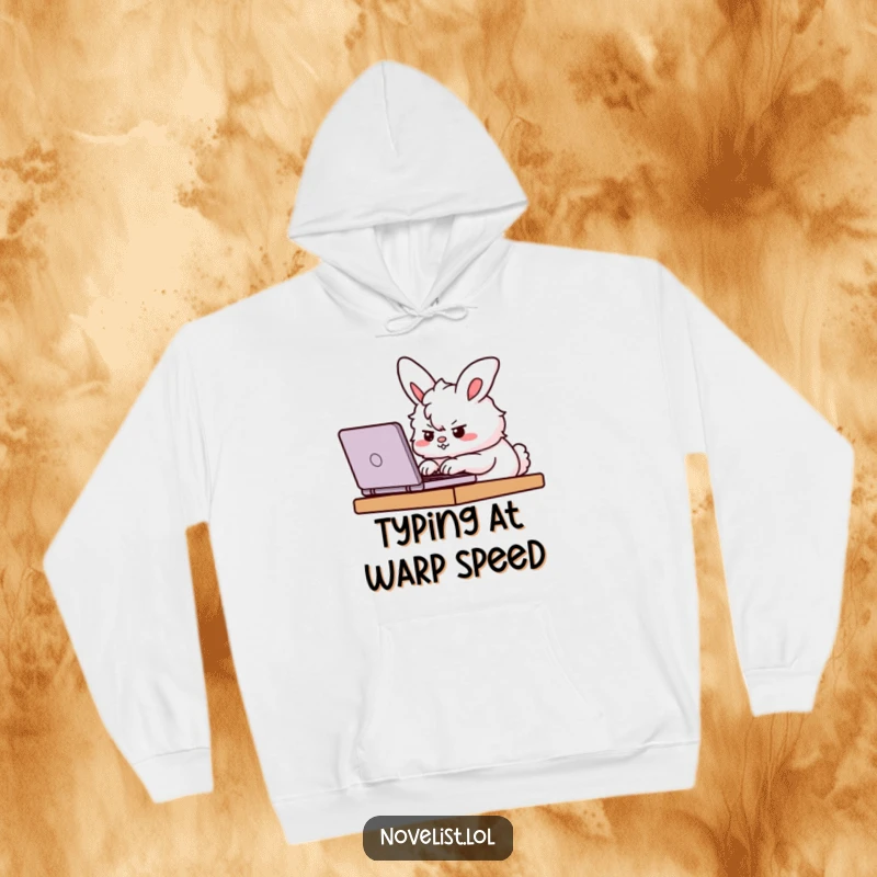Funny Hoodie showcasing a fluffy determined bunny furiously typing on a laptop, perfect for cozy work sessions and motivation.