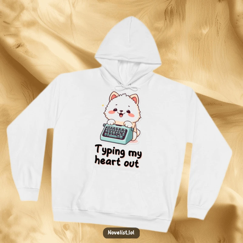 Funny Hoodie with a fluffy animal character excitedly typing on a tiny typewriter with its paws, radiating cozy creativity.