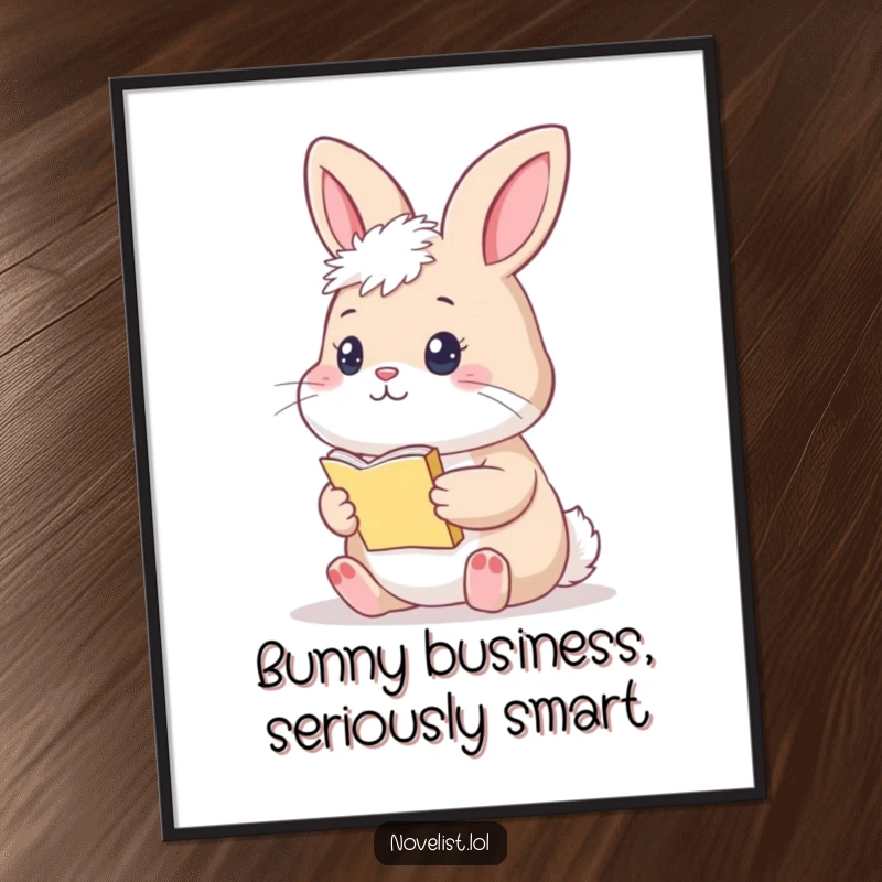 Funny Free Printable Wall Art: A fluffy bunny with a thoughtful expression, holding a small manuscript and looking inspired.