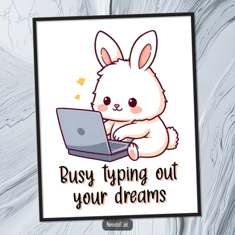 Funny Free Printable Wall Art: Cute fluffy rabbit character typing with focus on a laptop, a humorous art piece.
