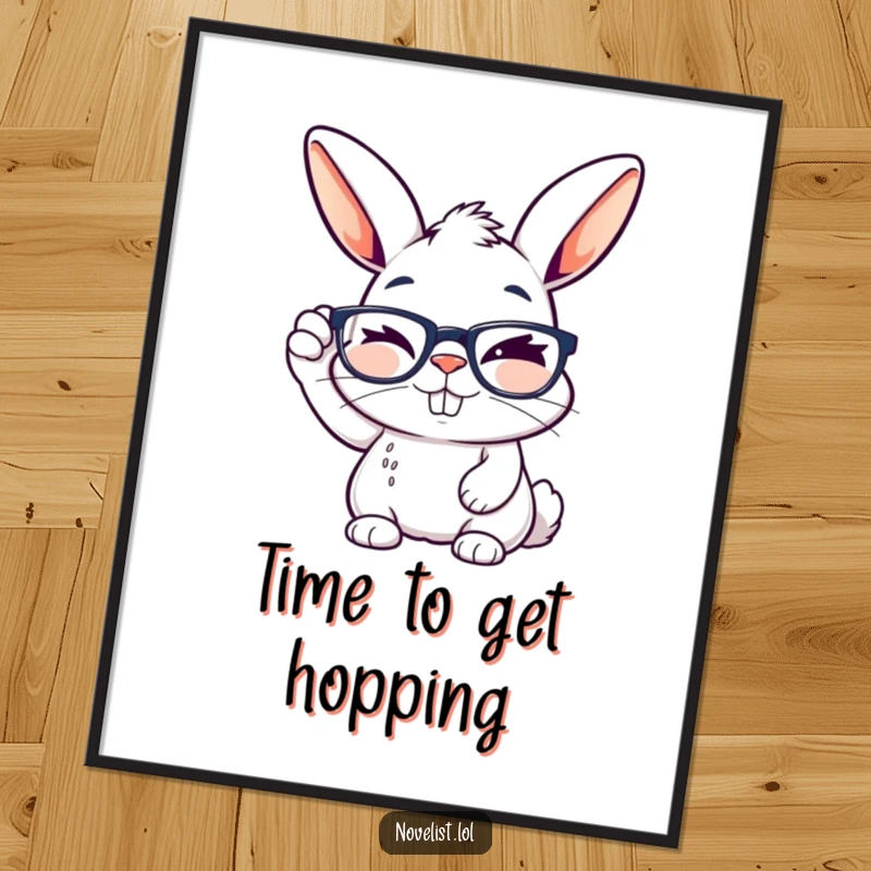 Funny Free Printable Wall Art of a winking rabbit adjusting reading glasses, sporting a clever, creative grin, perfect for framing.