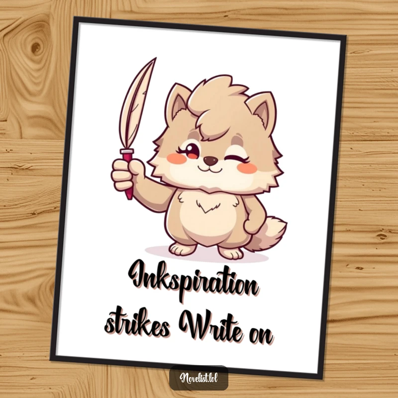Funny Free Printable Wall Art: Furry character with a confident smirk, holding a quill pen aloft, exuding literary charm and humor.