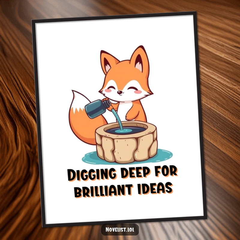 Funny Free Printable Wall Art: Happy fox animal character pouring ink from a bottle into a well, a humorous art piece.