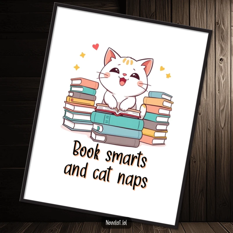 Funny free printable wall art of an excited cat diving into a mountain of books, radiating pure joy.