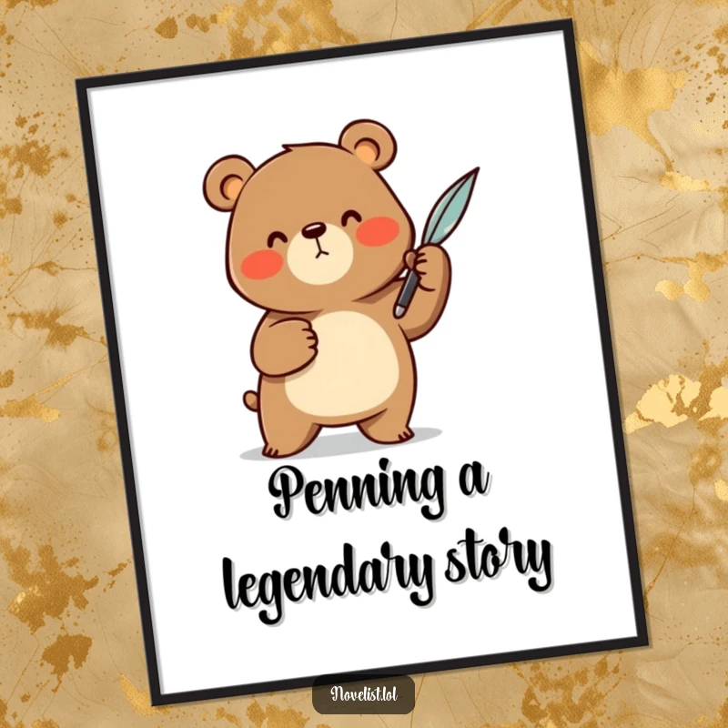 Funny Free Printable Wall Art: Cheerful bear character dramatically gesturing with a quill pen, a humorous art piece.