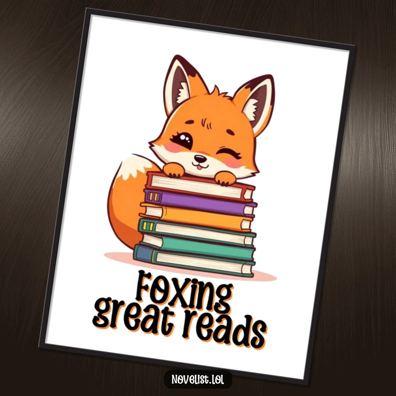 Funny Free Printable Wall Art: A mischievous giggling fox peeking out from behind a large pile of colorful books.