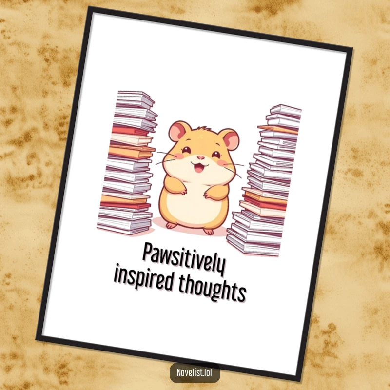 Funny Free Printable Wall Art: A happy hamster sitting on stacks of paper, looking inspired with a lightbulb above its head.