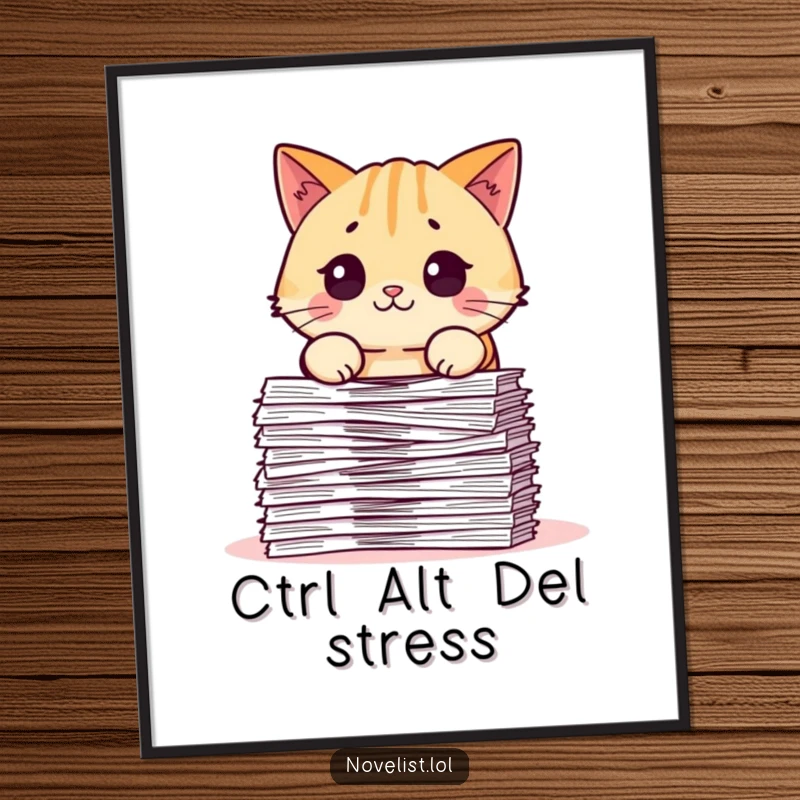 Funny Free Printable Wall Art: Pudgy cat looking utterly surprised and overwhelmed by a massive stack of papers, a humorous decor piece.