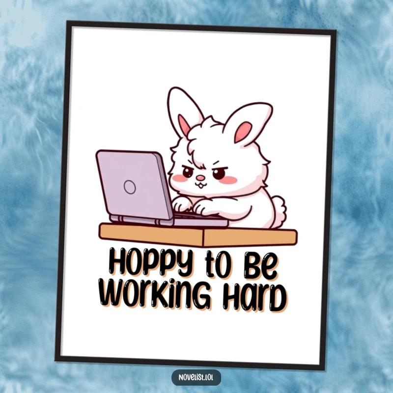 Funny Free Printable Wall Art: A fluffy bunny character furiously types on a laptop with intense determination, downloadable art.