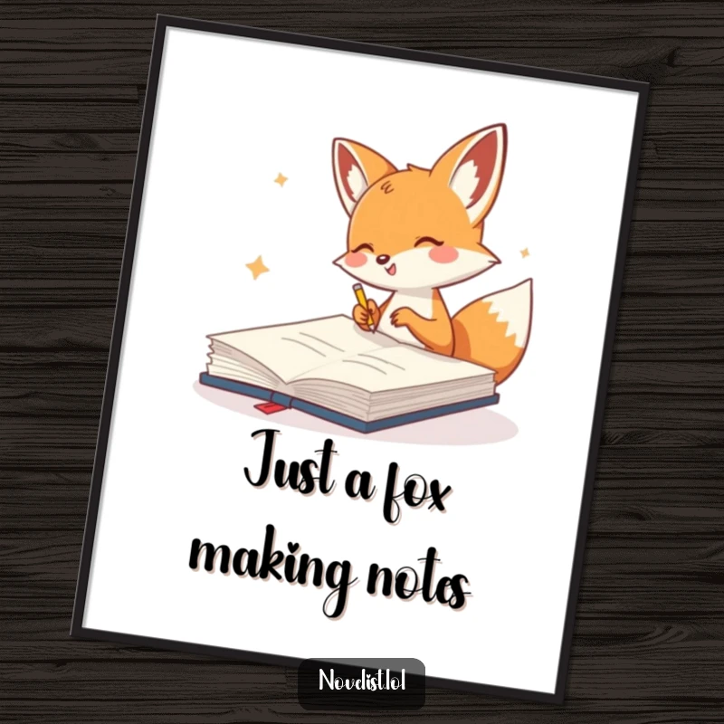 Funny Free Printable Wall Art: A cute fox character gleefully scribbles in a giant notebook, whimsical downloadable art.