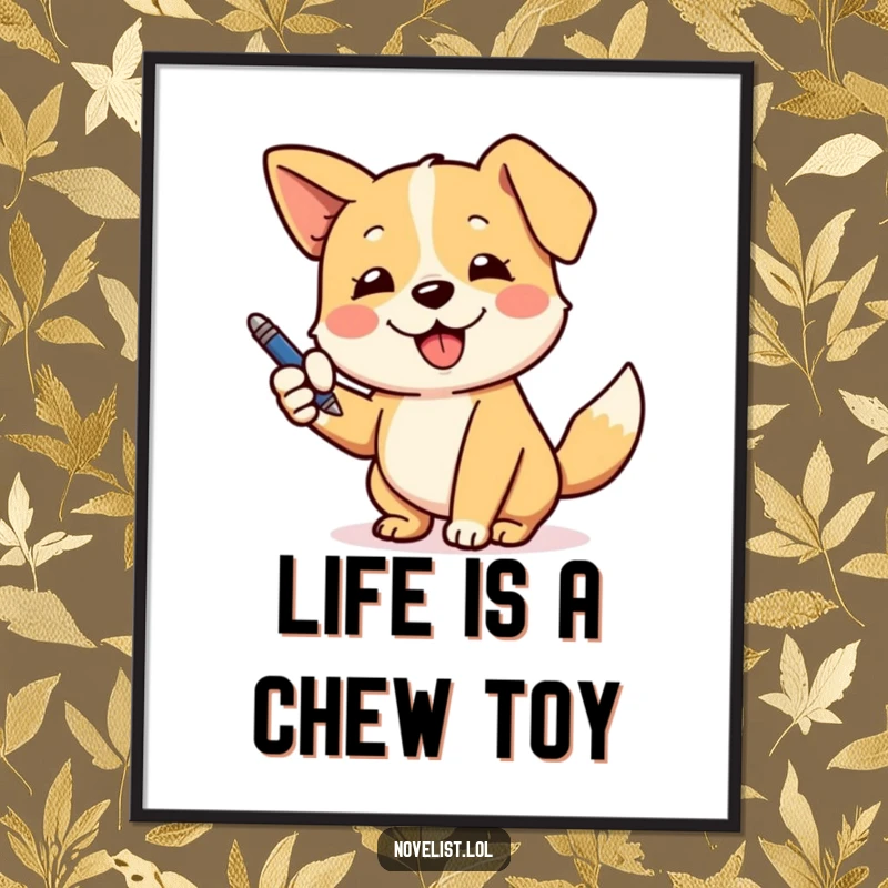 Funny Free Printable Wall Art of a happy dog with a wagging tail, dramatically using a pen as if signing important papers.