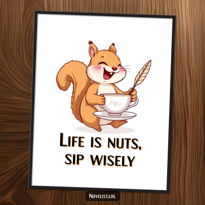 Funny Free Printable Wall Art of a laughing squirrel balancing a teacup in one paw and a quill pen in the other, looking cheerful.