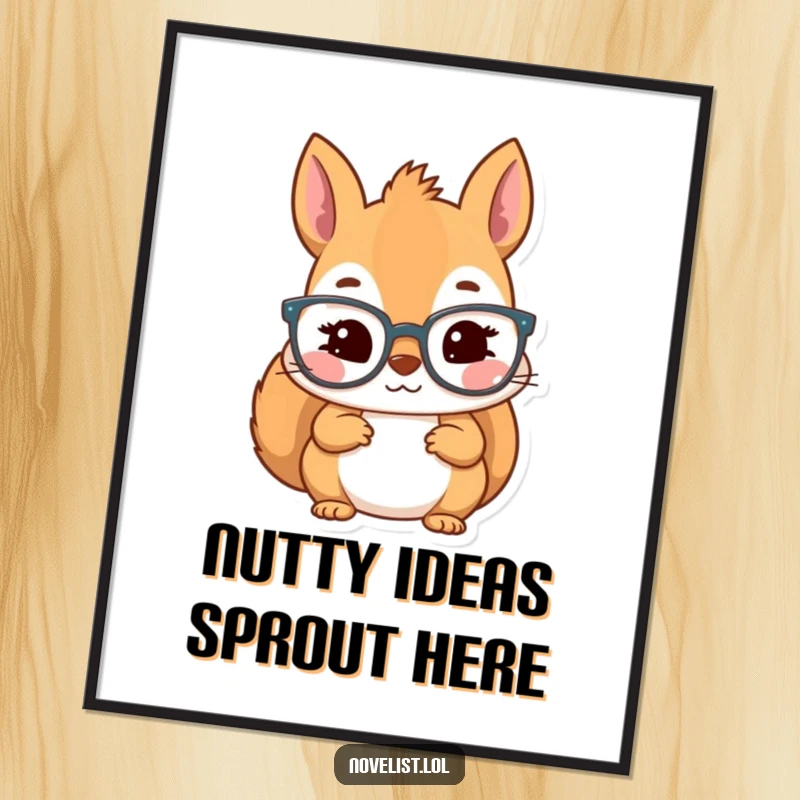 Funny Free Printable Wall Art: Kawaii squirrel wearing reading glasses, looking inspired, thoughtful, bookish, downloadable decor.