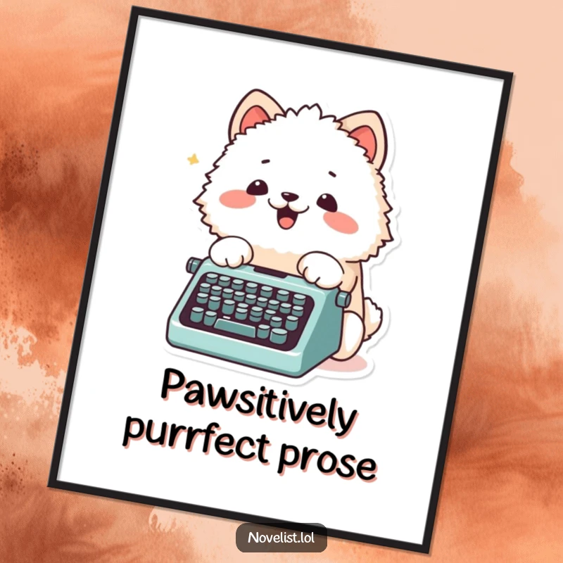Funny Free Printable Wall Art of a fluffy animal character excitedly typing on a tiny, old-fashioned typewriter using its paws.