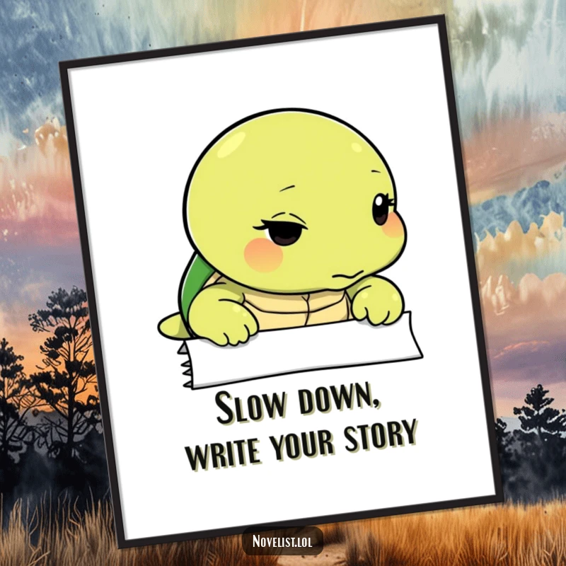 Funny Free Printable Wall Art: Thoughtful turtle stares intently at a blank page, inspiring contemplation.