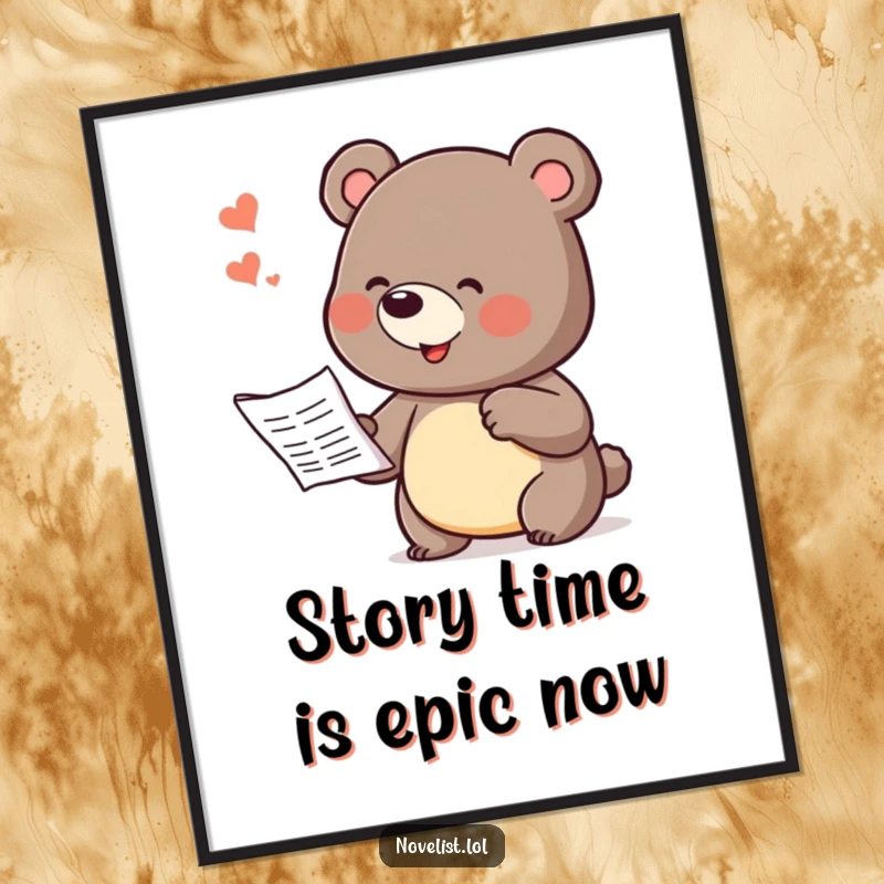 Funny Free Printable Wall Art: Playful bear character gesturing dramatically while dictating a captivating story.