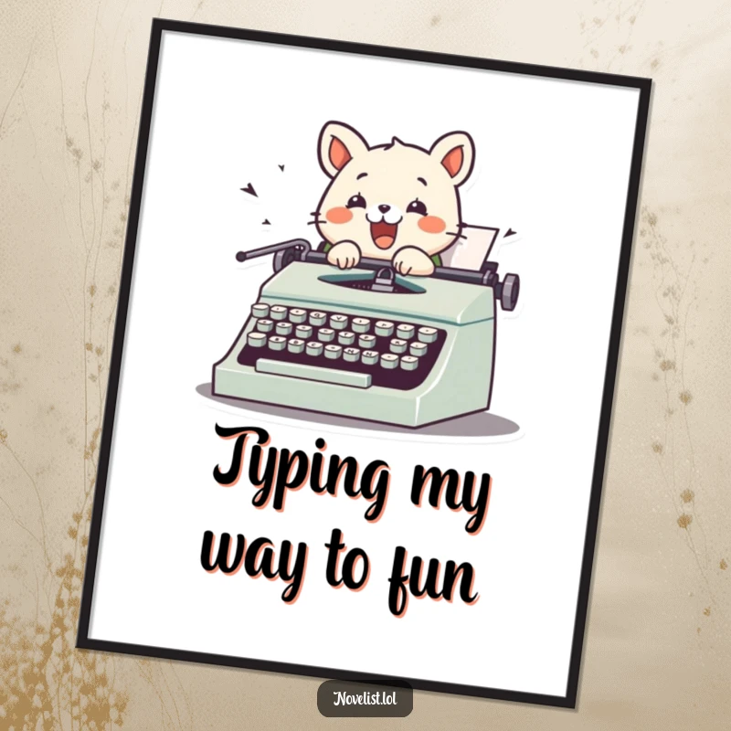 Funny Free Printable Wall Art: Cute animal excitedly typing on a vintage typewriter, keys flying, creating a humorous scene.