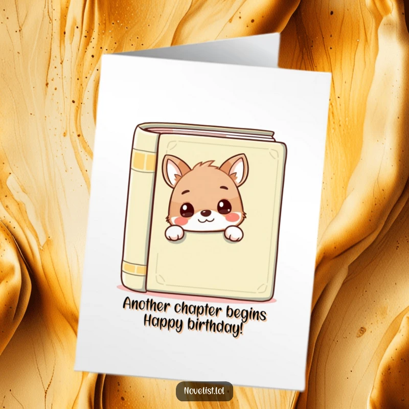 Funny Free Printable Birthday Card: Adorable animal peeking playfully from behind a huge book, perfect for bookworms.