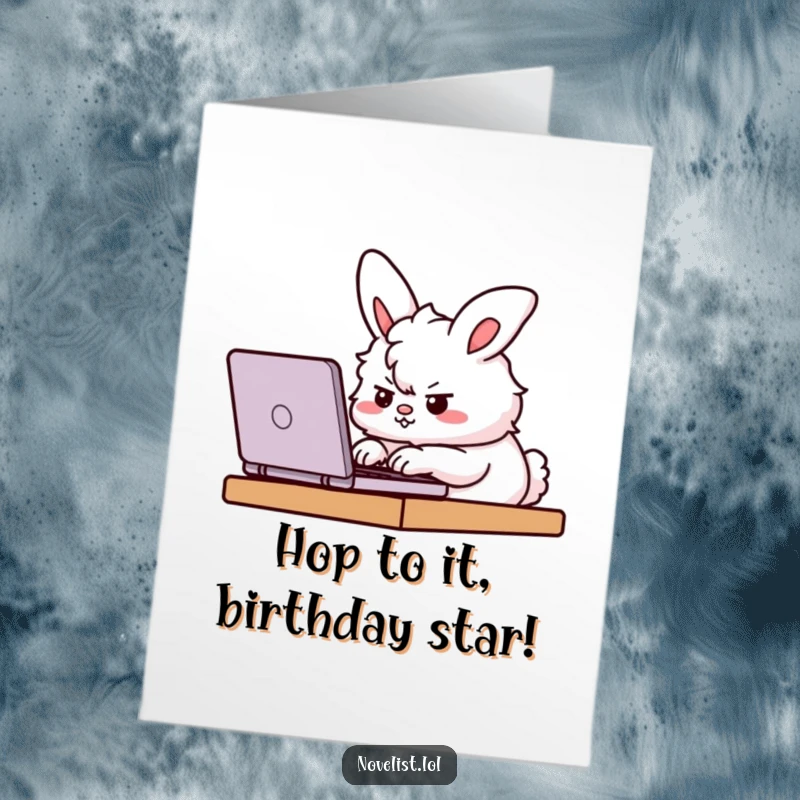 Funny Free Printable Birthday Card: A determined fluffy bunny furiously types on a laptop, powering through birthday wishes.