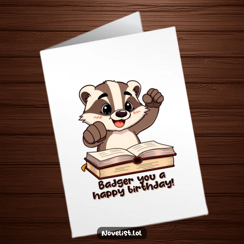 Funny Free Printable Birthday Card: Cheerful badger emphatically slamming fist on a page, celebrating a birthday with gusto.