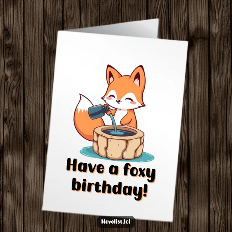 Funny Free Printable Birthday Card: Happy fox character pouring ink from a bottle into a well for birthday wishes.