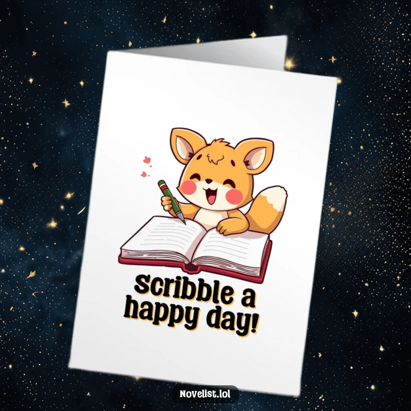 Funny Free Printable Birthday Card: An energetic animal excitedly scribbles ideas in a large notebook for a birthday celebration.