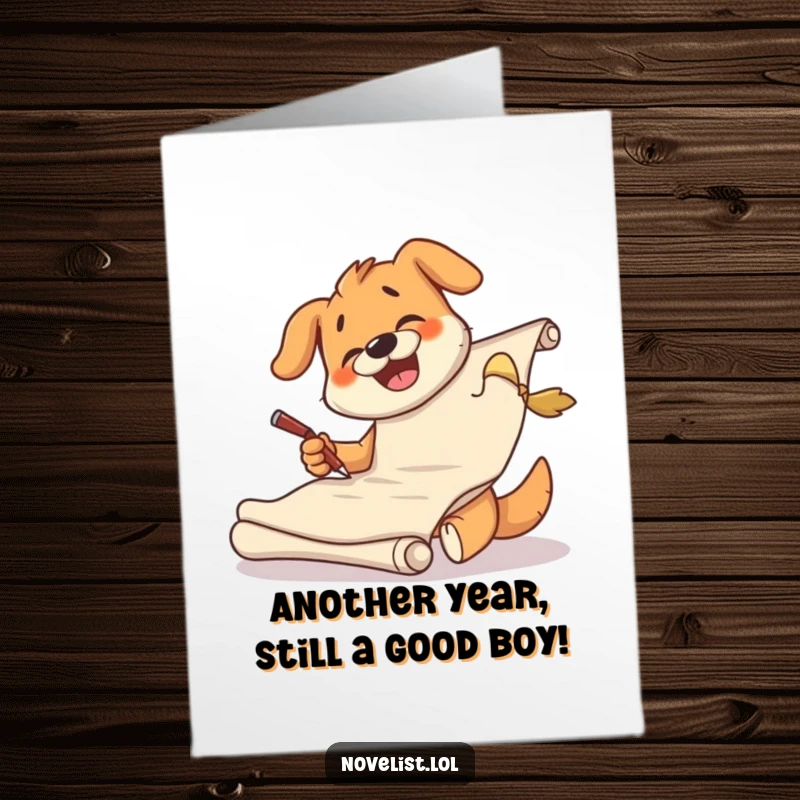 Funny free printable birthday card shows a giggling dog furiously scribbling on a large scroll, capturing creative energy.