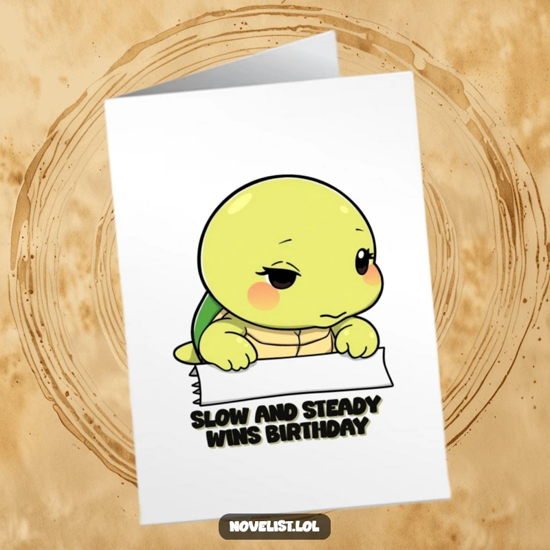 Funny Free Printable Birthday Card: Thoughtful turtle gazes intently at a blank page, ready for new beginnings.