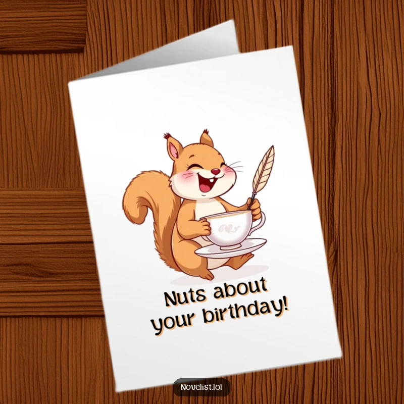 Funny Free Printable Birthday Card featuring a laughing squirrel precariously balancing a teacup and a quill pen, looking jolly.