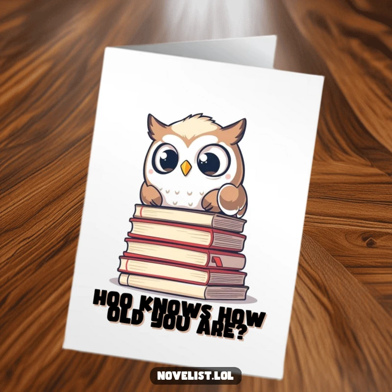 Funny Free Printable Birthday Card featuring a shocked owl emerging from a large pile of academic papers, looking startled.