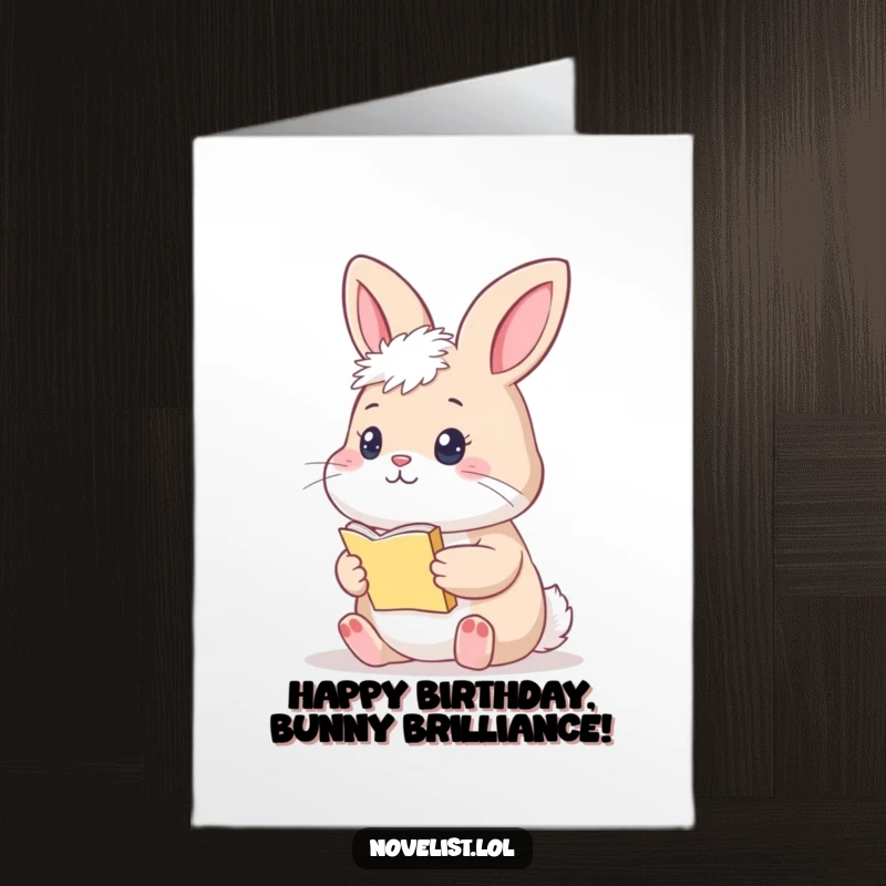 Funny Free Printable Birthday Card: A fluffy bunny with a thoughtful expression, holding a tiny manuscript.