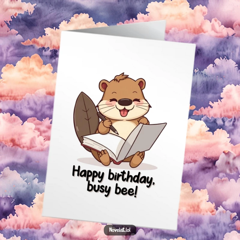 Funny Free Printable Birthday Card: A busy beaver wearing glasses, excitedly scribbling in a large book with a quill pen.