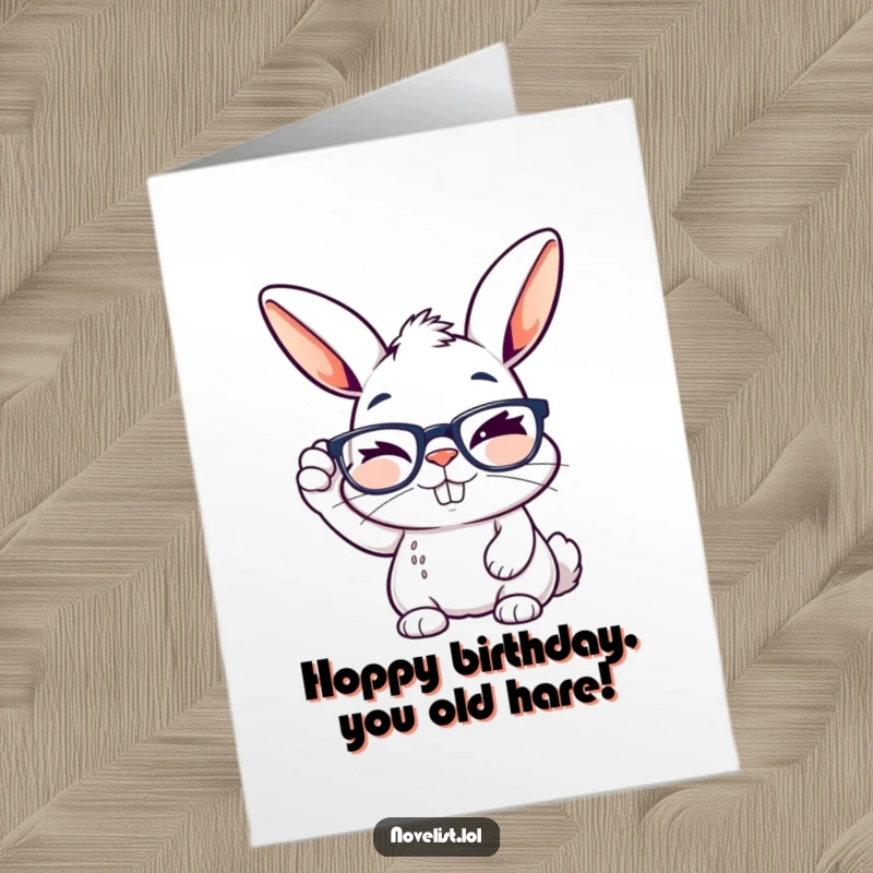 Funny Free Printable Birthday Card featuring a winking rabbit adjusting its reading glasses with a mischievous, creative grin.