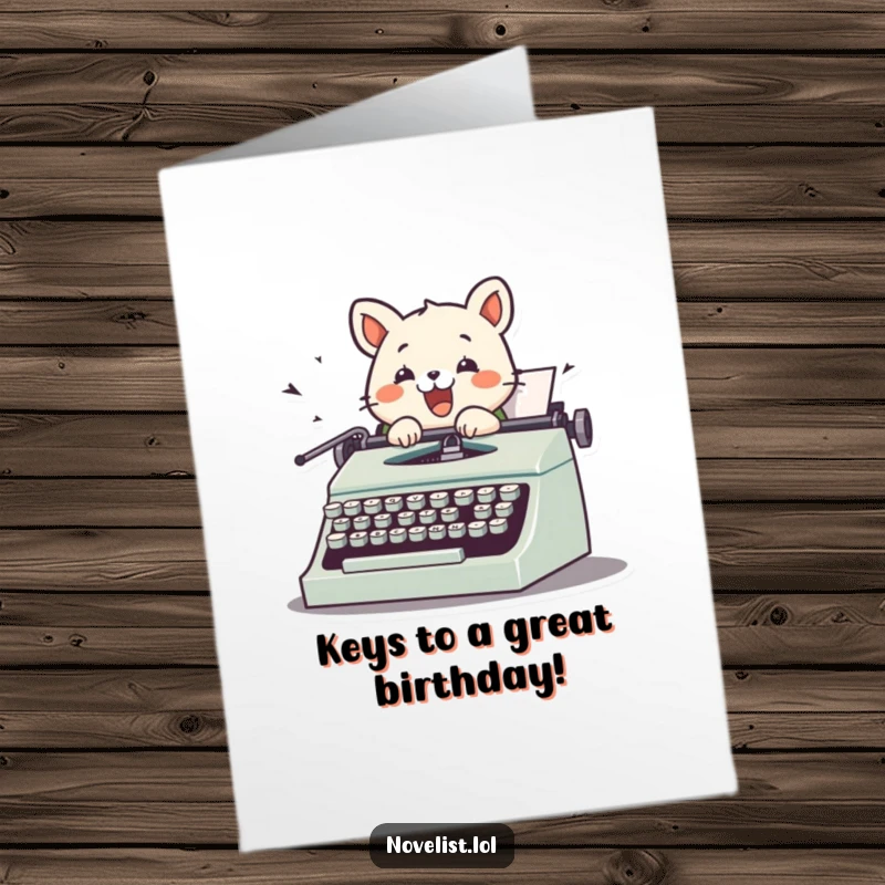 Funny Free Printable Birthday Card: Cute animal furiously typing on vintage typewriter, keys flying, ready to deliver a laugh.