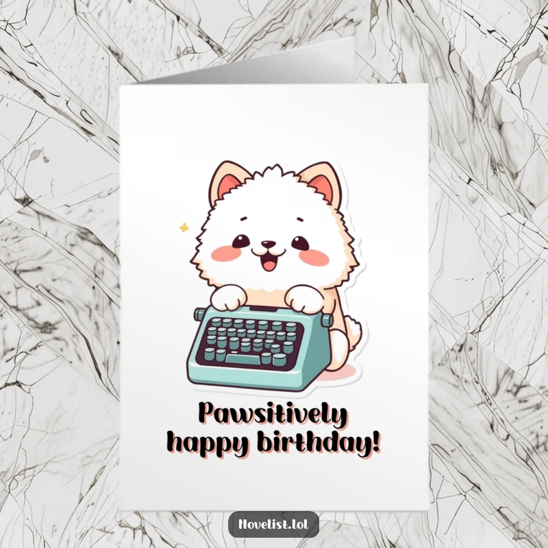 Funny Free Printable Birthday Card of a fluffy animal character excitedly typing on a tiny typewriter using its cute paws.