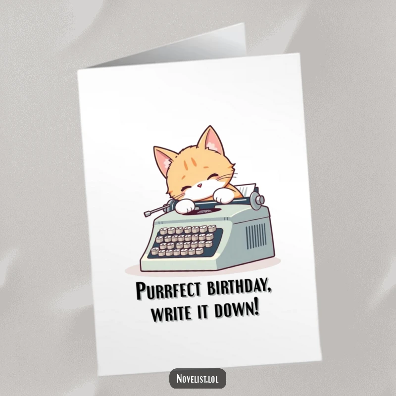 Funny free printable birthday card: A cute cat furiously types on a vintage typewriter, its fluffy tail wagging with intense concentration.