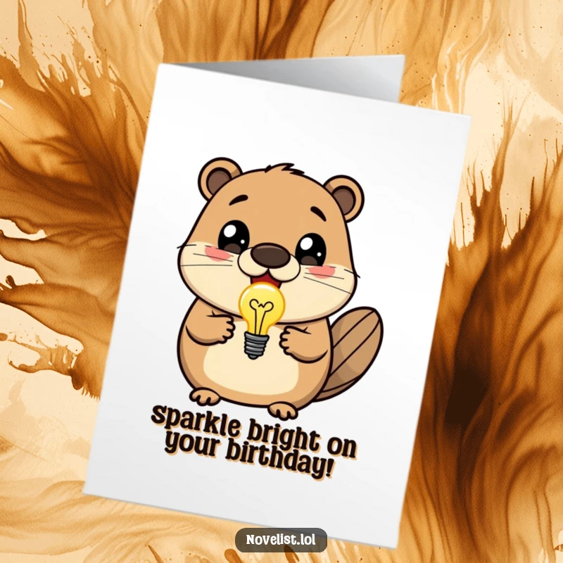 Funny Free Printable Birthday Card: Delighted beaver shows a glowing lightbulb, symbolizing a great idea for their birthday.