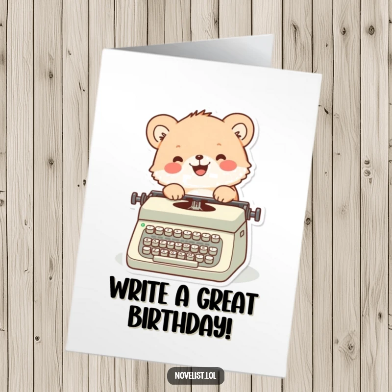 Funny Free Printable Birthday Card: A fuzzy animal happily types a story on an old-fashioned typewriter, celebrating a birthday.