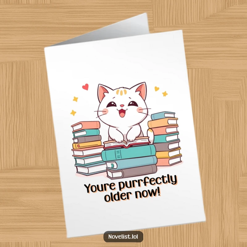 Funny free printable birthday card featuring an excited cat buried in stacks of books, ready to celebrate.
