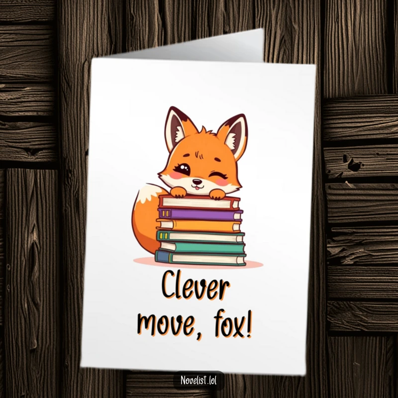 Funny Free Printable Congratulations Card: A giggling fox peeking out from behind a stack of books, celebrating your win.