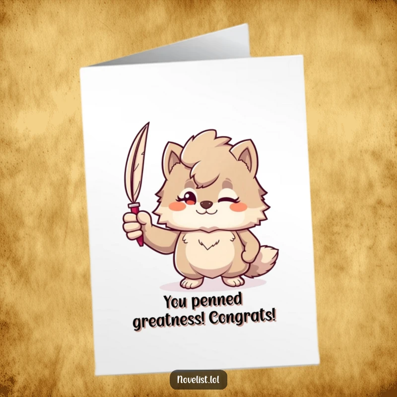 Funny Free Printable Congratulations Card: Confident furry character smirking while holding a quill pen, celebrating a literary or writing success.