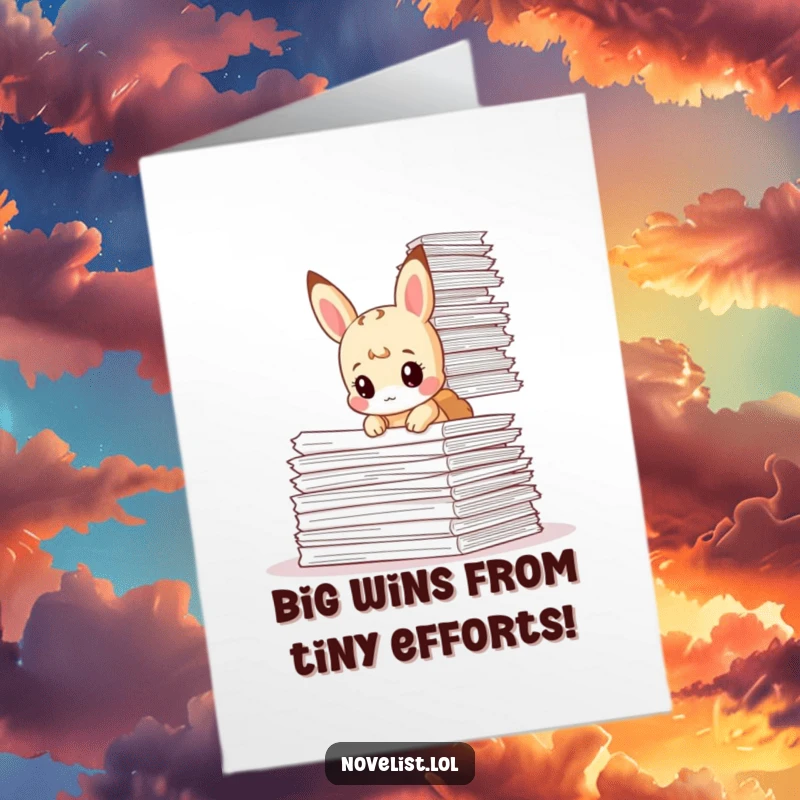 Funny Free Printable Congratulations Card: Tiny animal gazing curiously at a giant stack of papers, celebrating hard work.