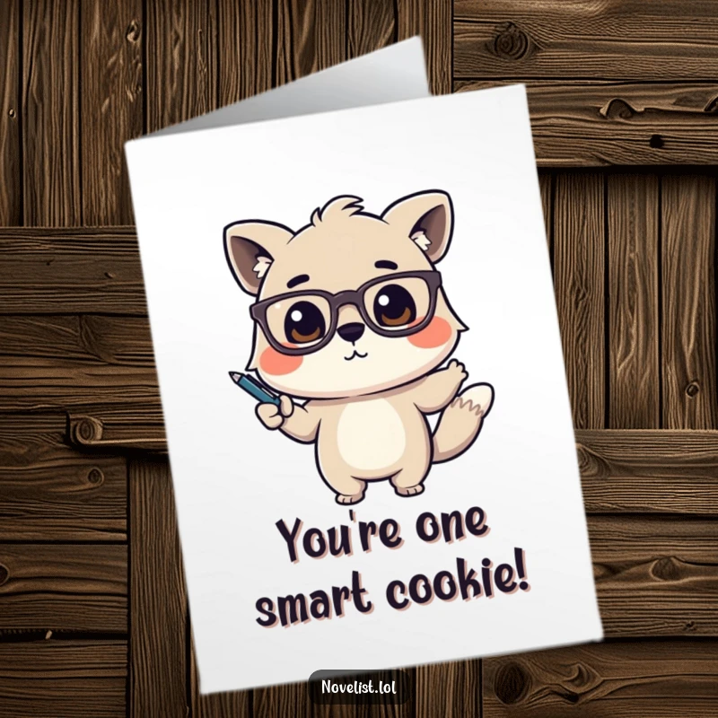 Funny Free Printable Congratulations Card of a cute, bespectacled animal character dramatically gesturing with a pen, emphasizing a point.